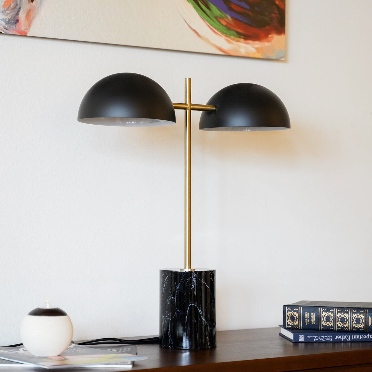 Hydro Table Lamp with Double Lamp and Marble Base - Black / Gold / Marble