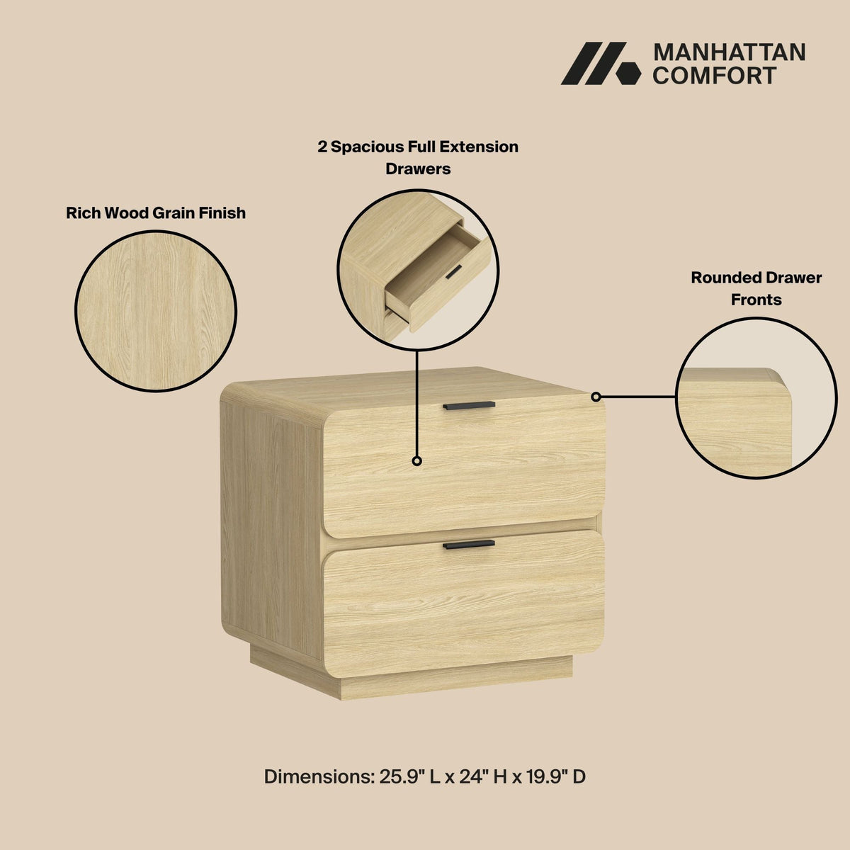 Modern Nightstand with Two Drawers - Chrystie - Black or Light Brown