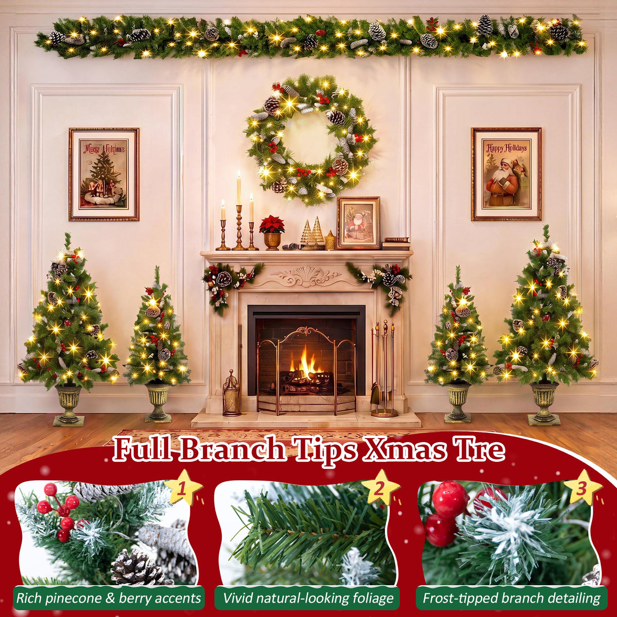 6-Piece Christmas Tree Set with Pre-Lit Wreath and Garland – Warm