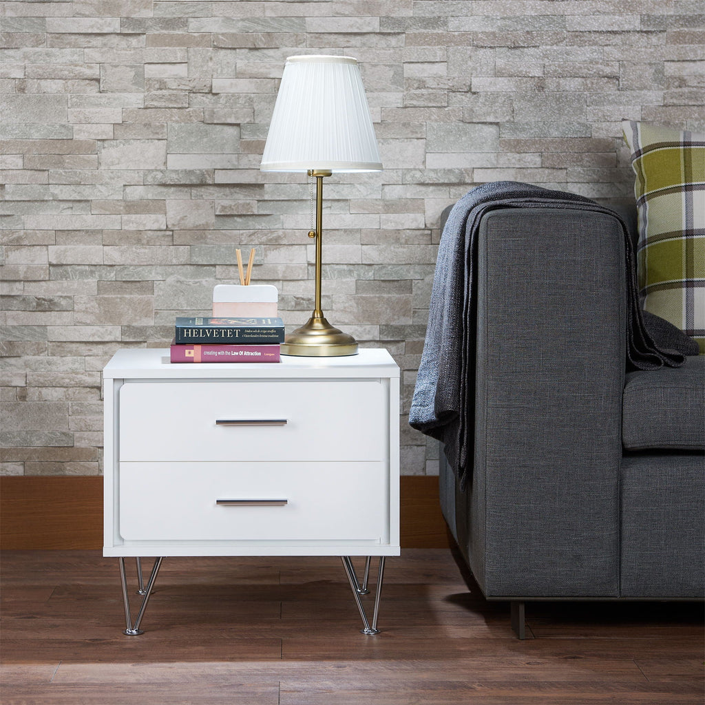 White Accent Table with Storage Drawers and Chrome Legs