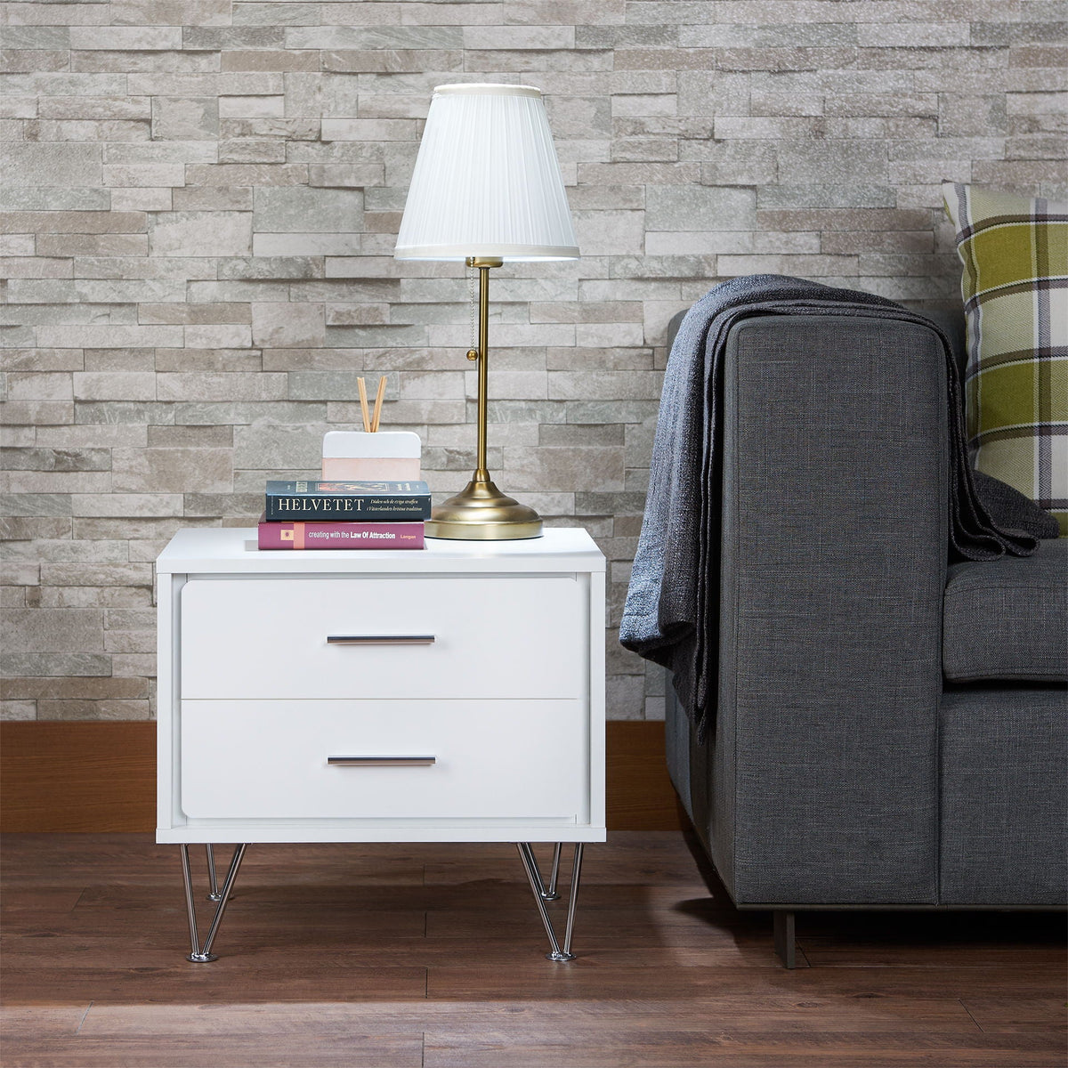White Accent Table with Storage Drawers and Chrome Legs