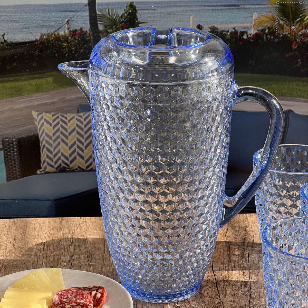 Diamond Cut Unbreakable Plastic Water Pitcher with Lid - Blue or Pink