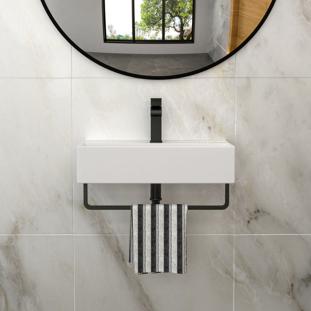 Wall Mounted Rectangular Bathroom Sink with Towel Bar - Black or Gold