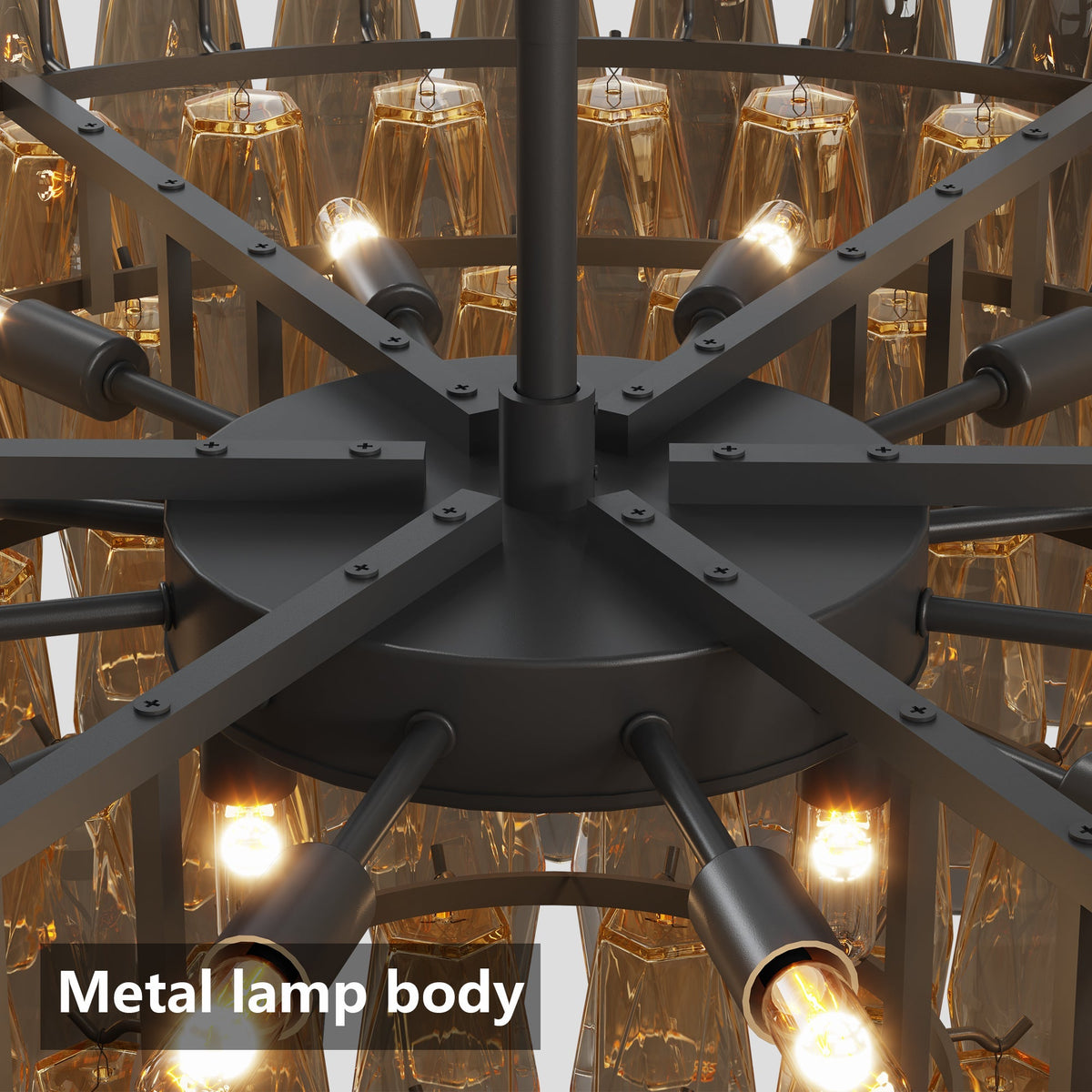 Modern Round 14-Light Black Chandelier with Smoke Glass Tubes