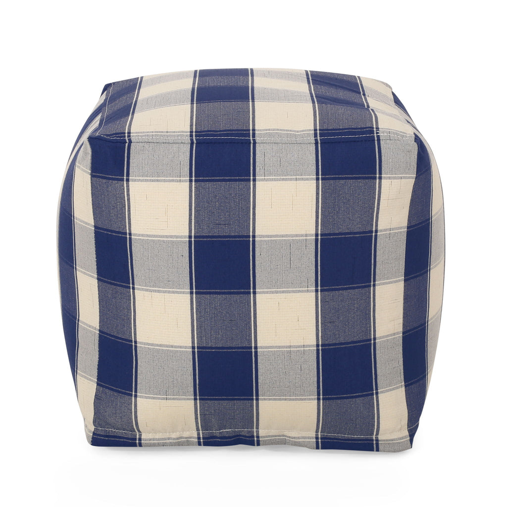 Checkered Square Pouf Ottoman and Floor Cushion with Polystyrene Bead Fill - Ivory / Navy