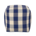 Checkered Square Pouf Ottoman and Floor Cushion with Polystyrene Bead Fill - Ivory / Navy