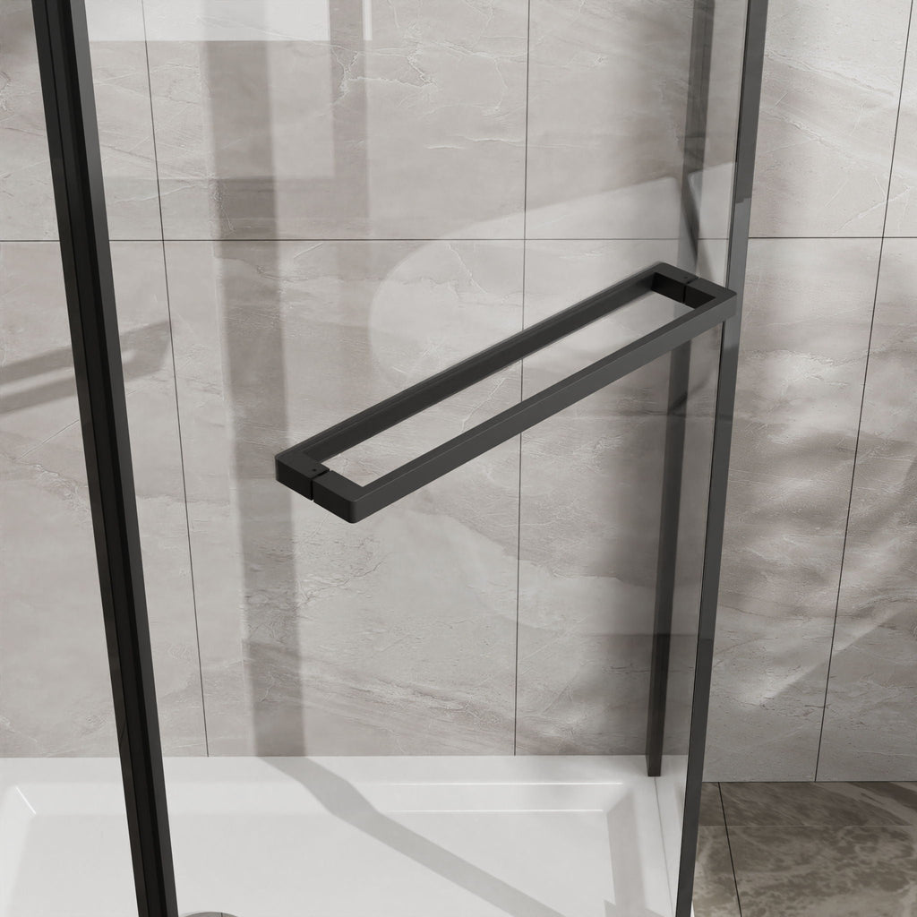 Neo Angle Frameless Shower Door with White Acrylic Shower Base - Matte Black