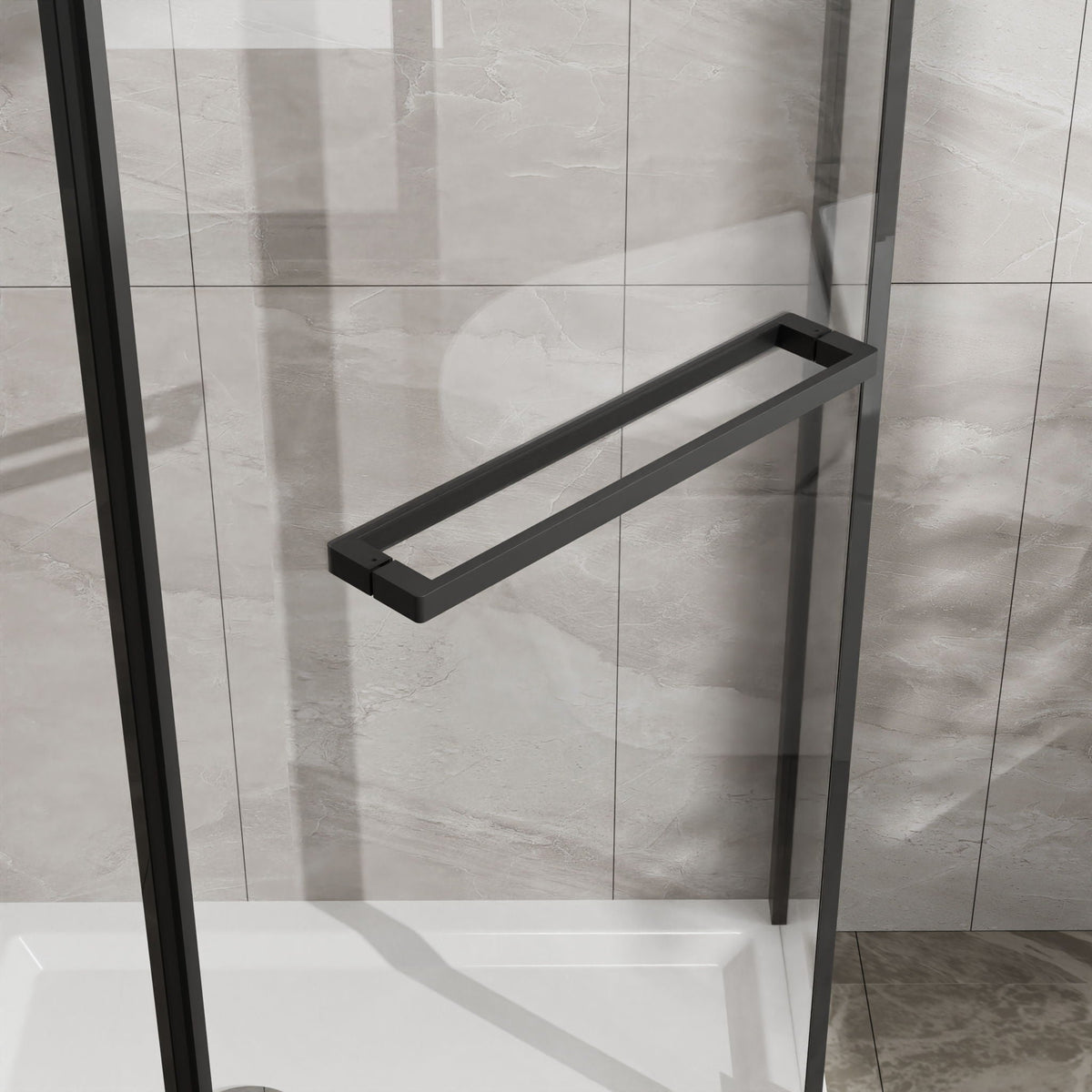 Neo Angle Frameless Shower Door with White Acrylic Shower Base - Matte Black