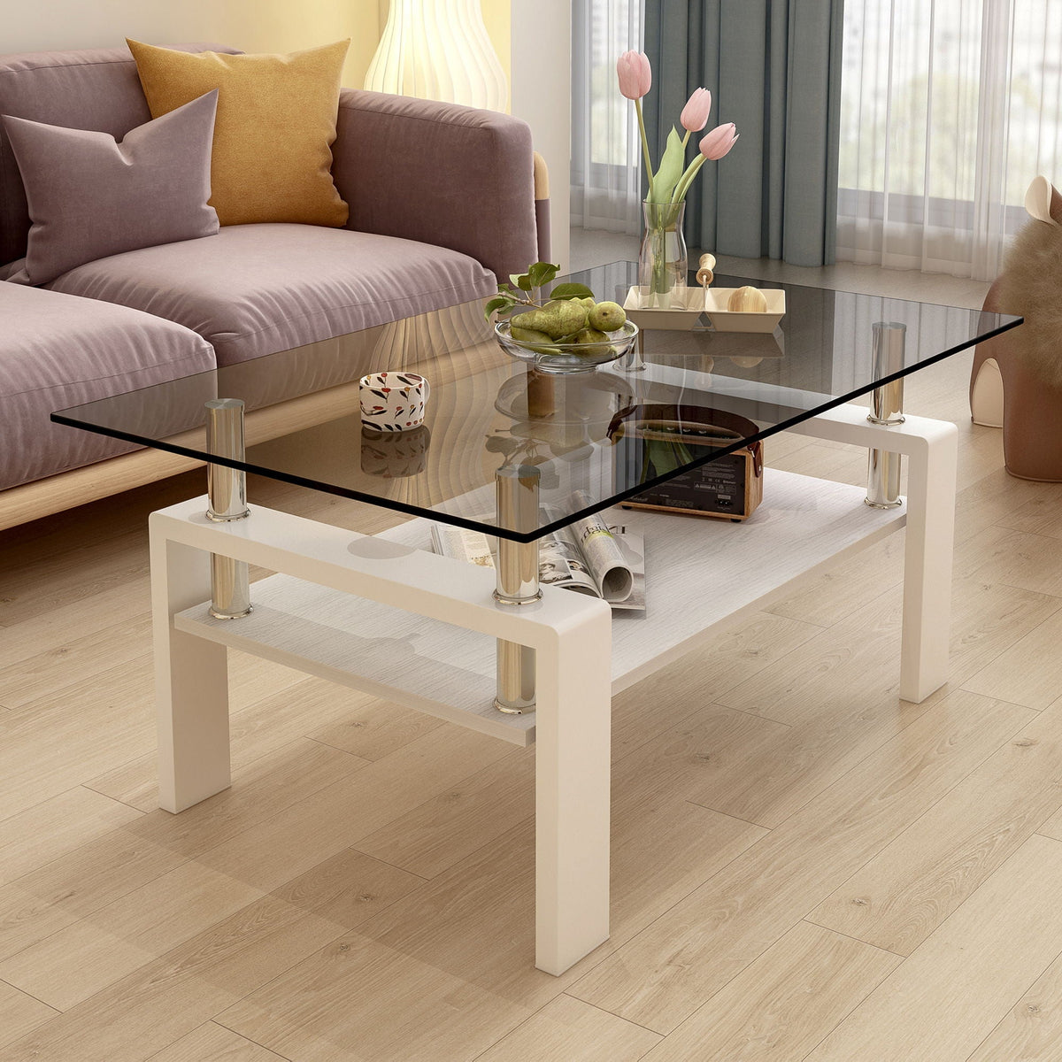 Modern Rectangular Coffee Table with Glass Top and Storage Shelf - White, Gray, Dark Gray, Dark Brown