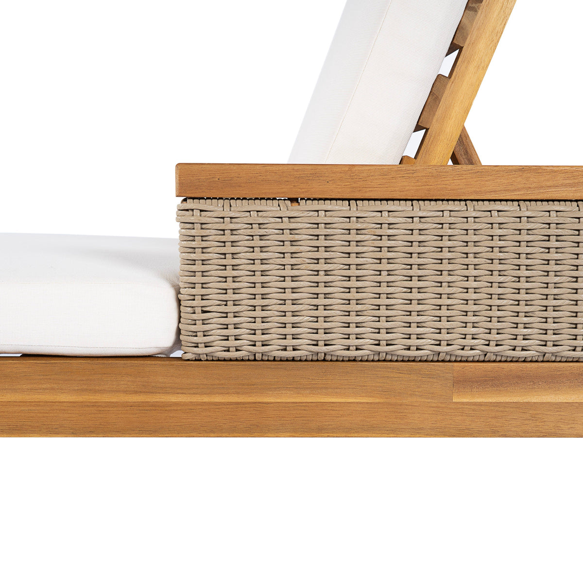 Solid Acacia Wood Sun Lounger with Waterproof Beige Cushions - Light Grey Wicker