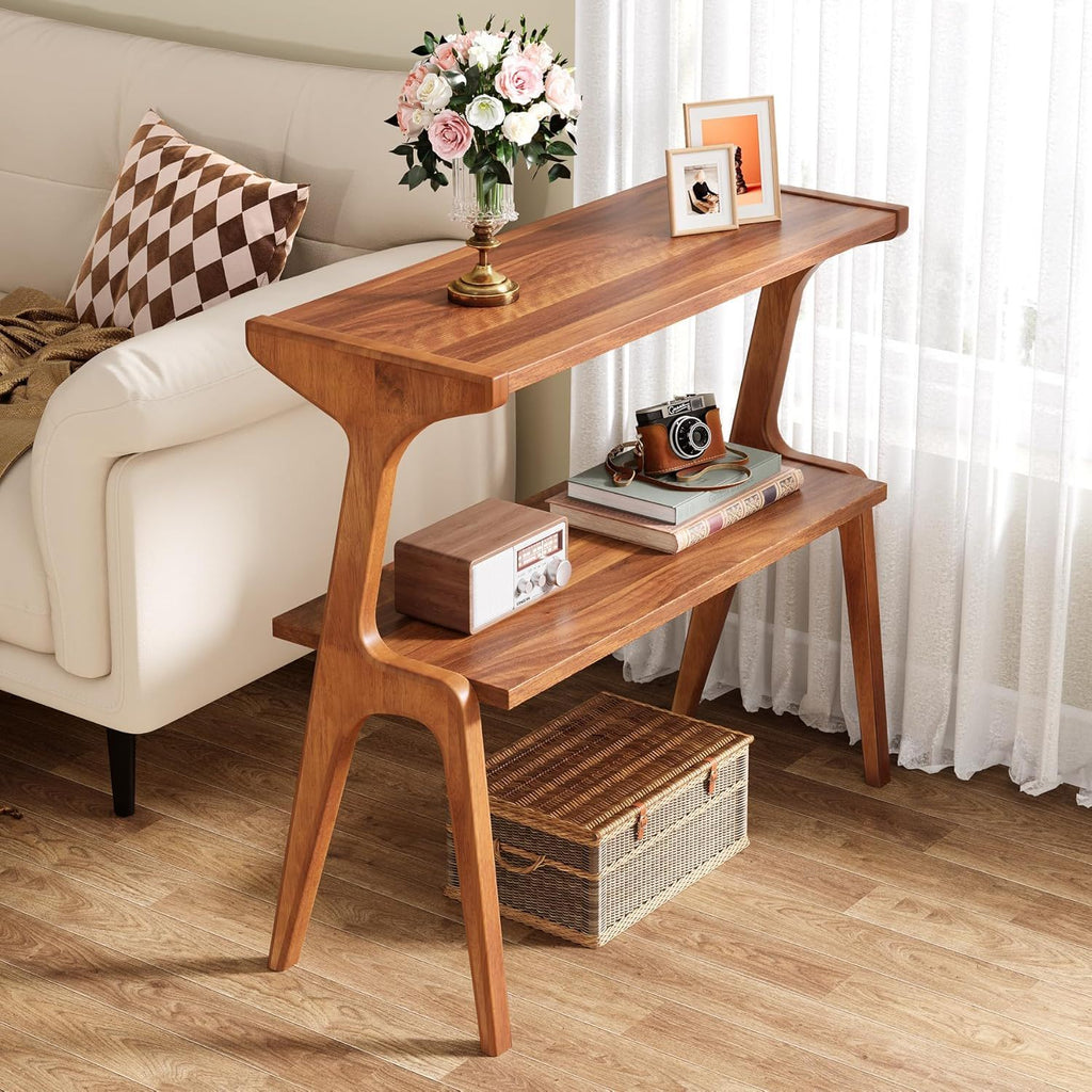 Narrow End Table with 2 Tier Shelf - Cherry Wood
