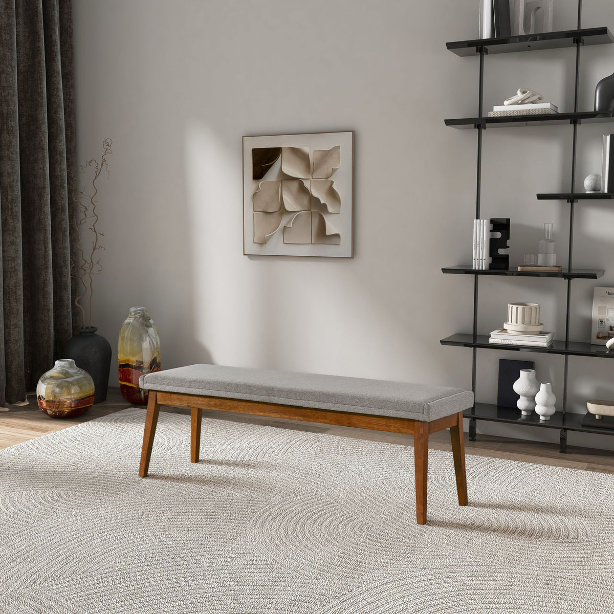 Ash Gray Upholstered Bench with Solid Wood Base - Ash Gray