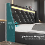 Wingback Upholstered Bed Frame with LED Lights and Charging Station - Black or White
