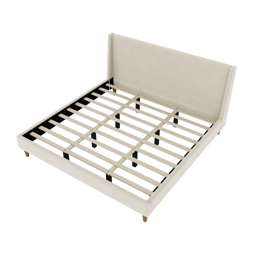 Modern Upholstered Platform Bed with Wingback Headboard – King, Beige