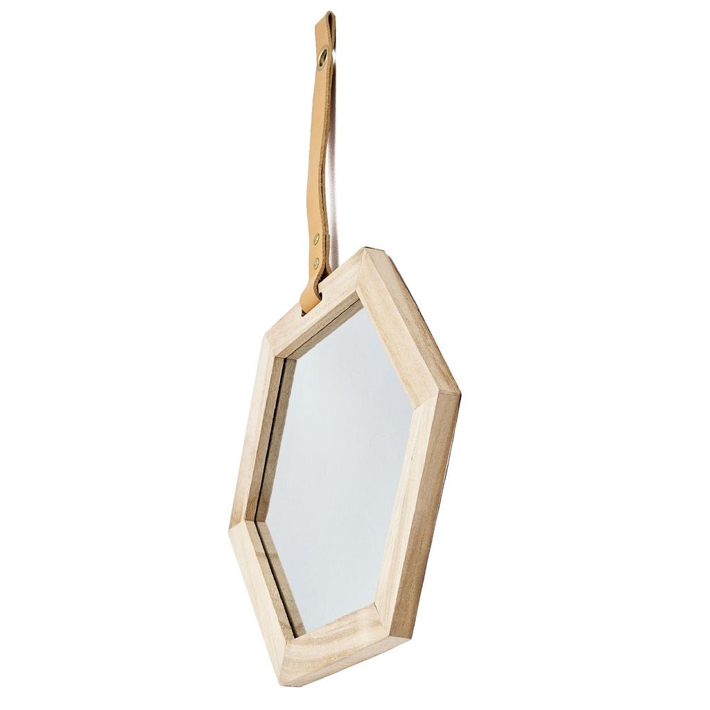 Light Brown Hexagon Wall Accent Mirror with Wood Frame – Set of 2