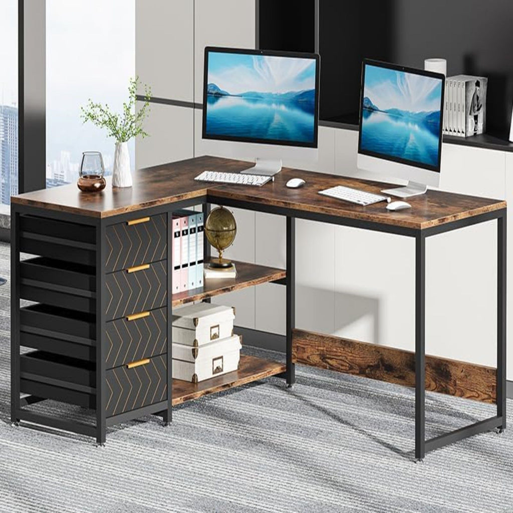 L-Shaped Computer Desk with Drawers and Shelves - Black or Dark Brown