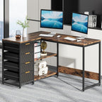 L-Shaped Computer Desk with Drawers and Shelves - Black or Dark Brown