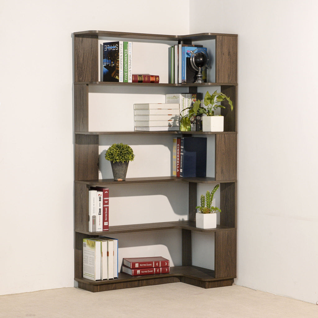 Freestanding Corner Bookshelf with Adjustable Shelves - Dark Brown