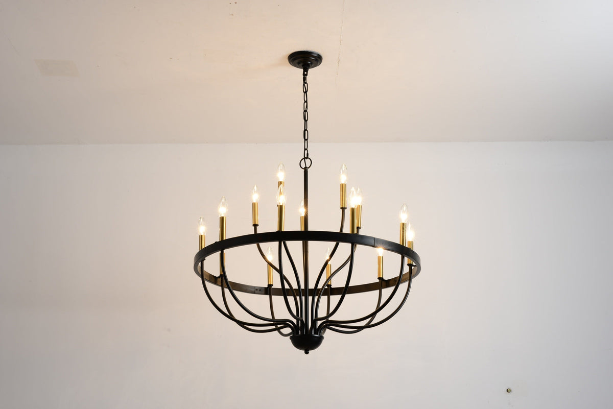 18-Light Industrial Iron Candle Chandelier with Adjustable Height - Gold & Black