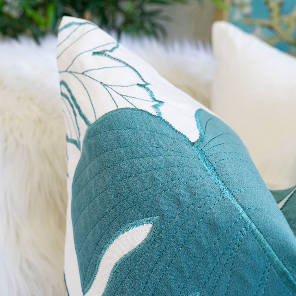 Autumn Vibes Leaf Accent Pillow with Soft Texture - Green, Dark Gray, Light Blue, Yellow, Orange