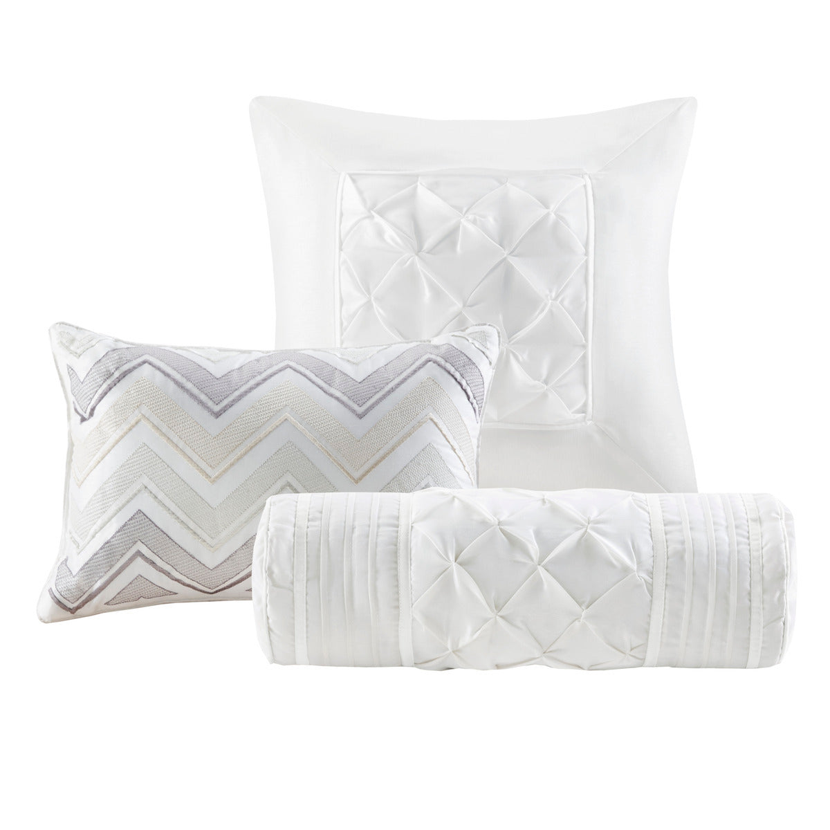 7 Piece Tufted Comforter Set with Hypoallergenic Filling - White