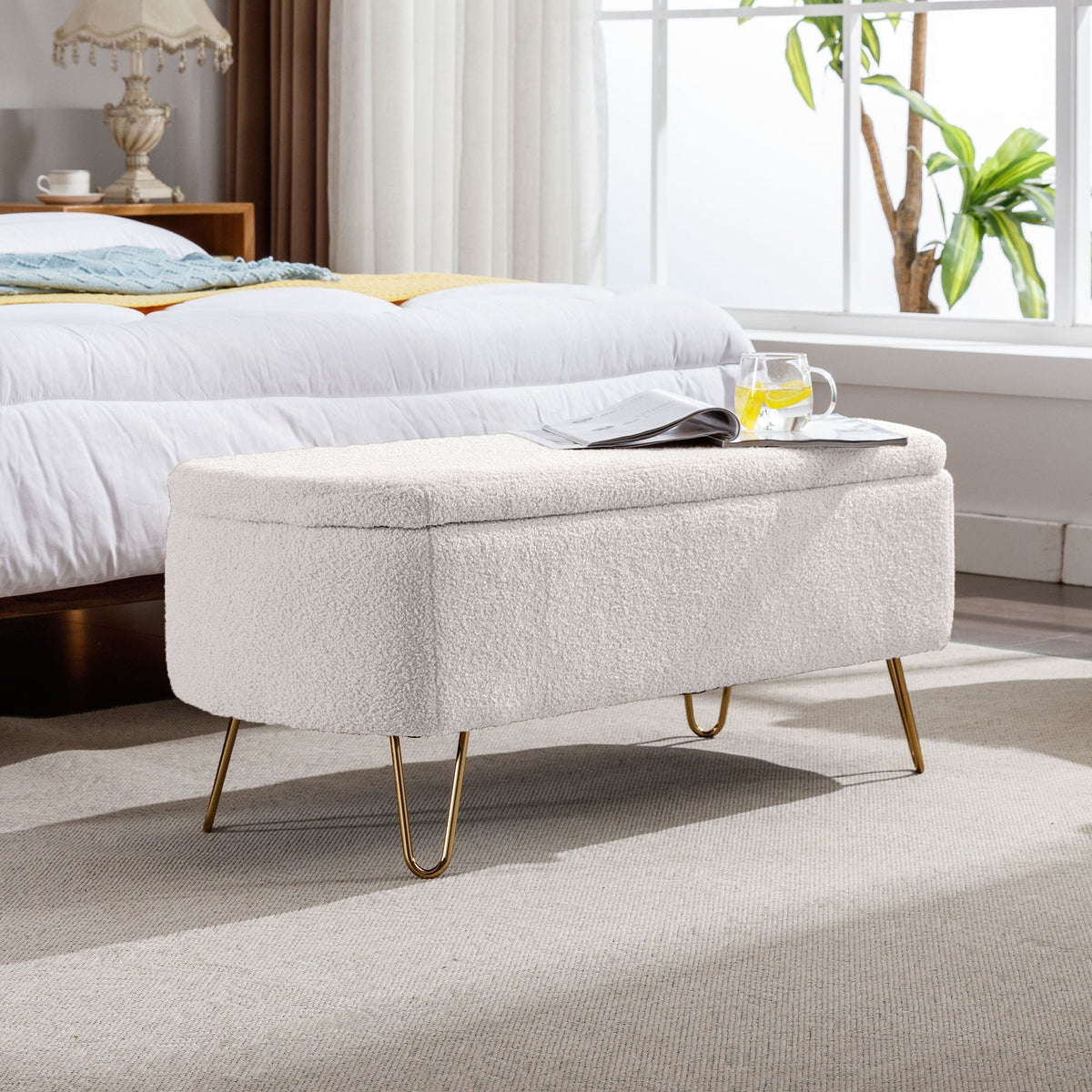 Faux Fur Storage Ottoman Bench with Padded Upholstery - Multiple Colors