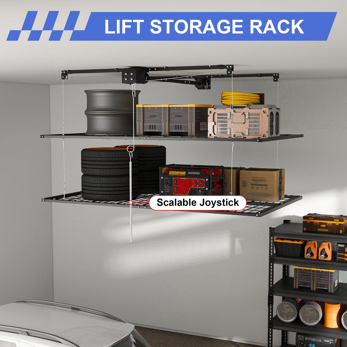Overhead Garage Storage Rack with Crank System - Black or White