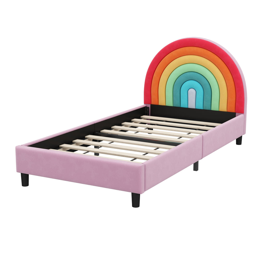 Rainbow Design Twin Upholstered Bed with Sturdy Wood Slats - Pink