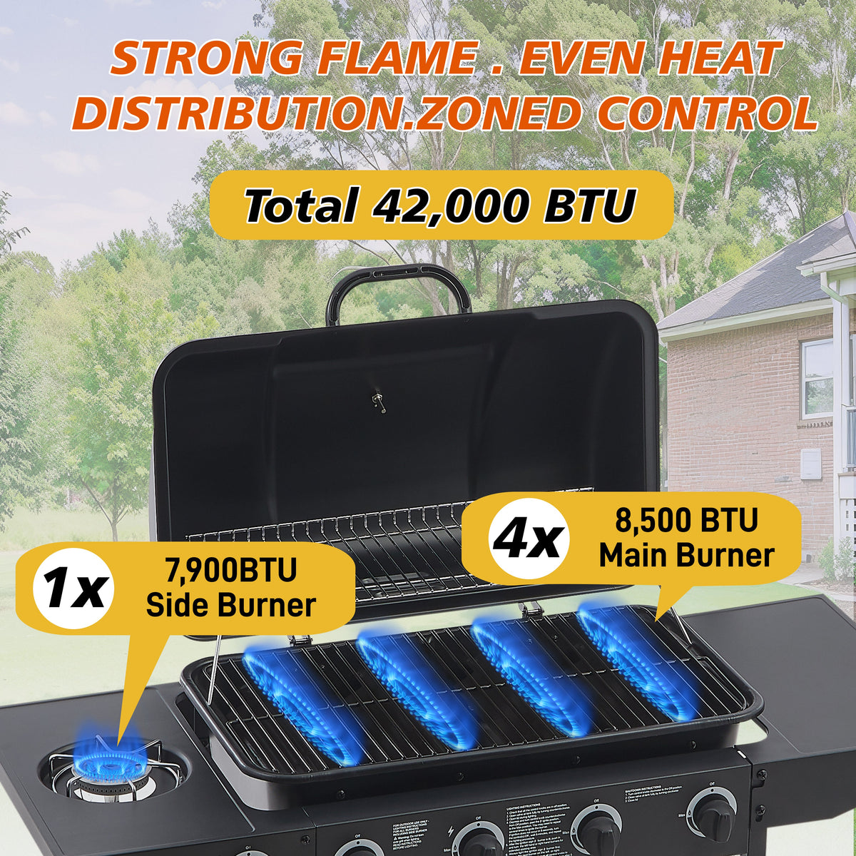 4 Burner Propane Gas BBQ Grill with Side Burner - Black