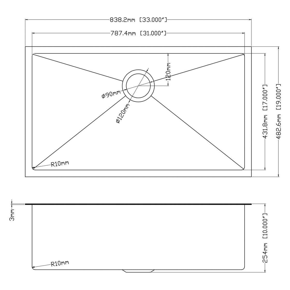 Black Undermount Kitchen Sink 16 Gauge Stainless Steel Single Bowl