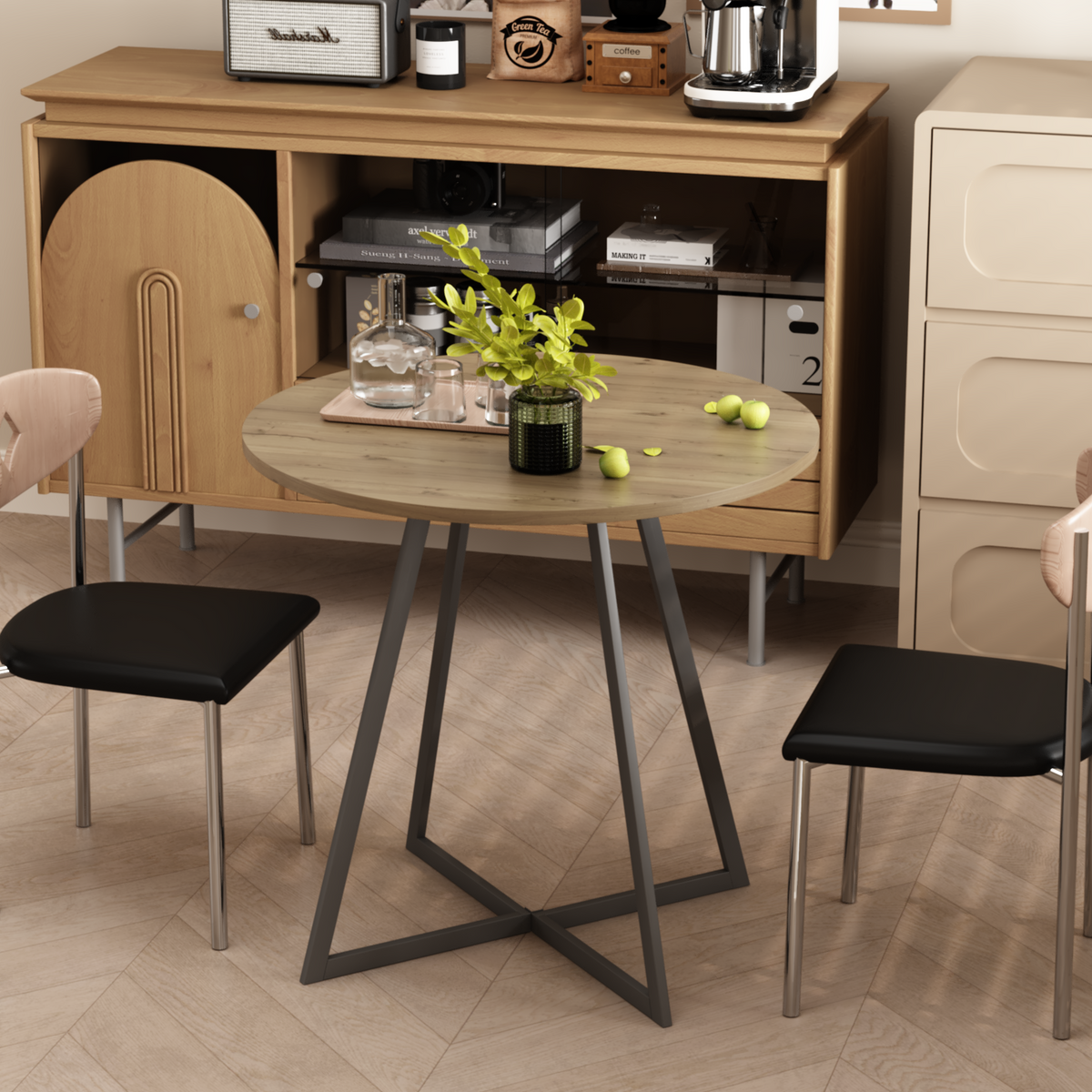 31.5 Inch Round Dining Table with Black Metal Legs - Brown