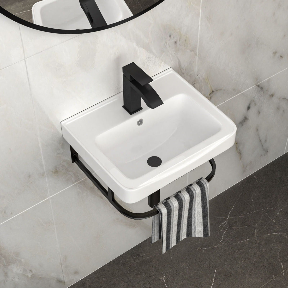 Wall Mounted Bathroom Sink with Towel Bar & Overflow - White / Black
