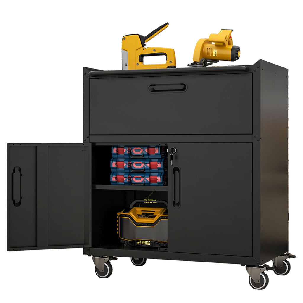 Sturdy Metal Tool Cabinet with Drawer & Locking Doors - Mobile Garage Storage
