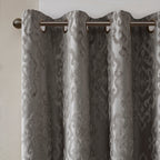 Charcoal Knitted Jacquard Damask Blackout Curtain Panel with Silver Grommets