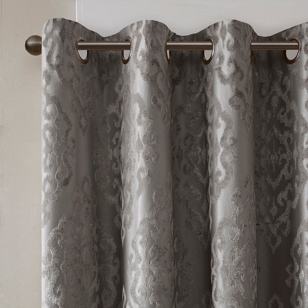 Charcoal Knitted Jacquard Damask Blackout Curtain Panel with Silver Grommets