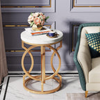 Round End Table with O-Shaped Base - White / Gold