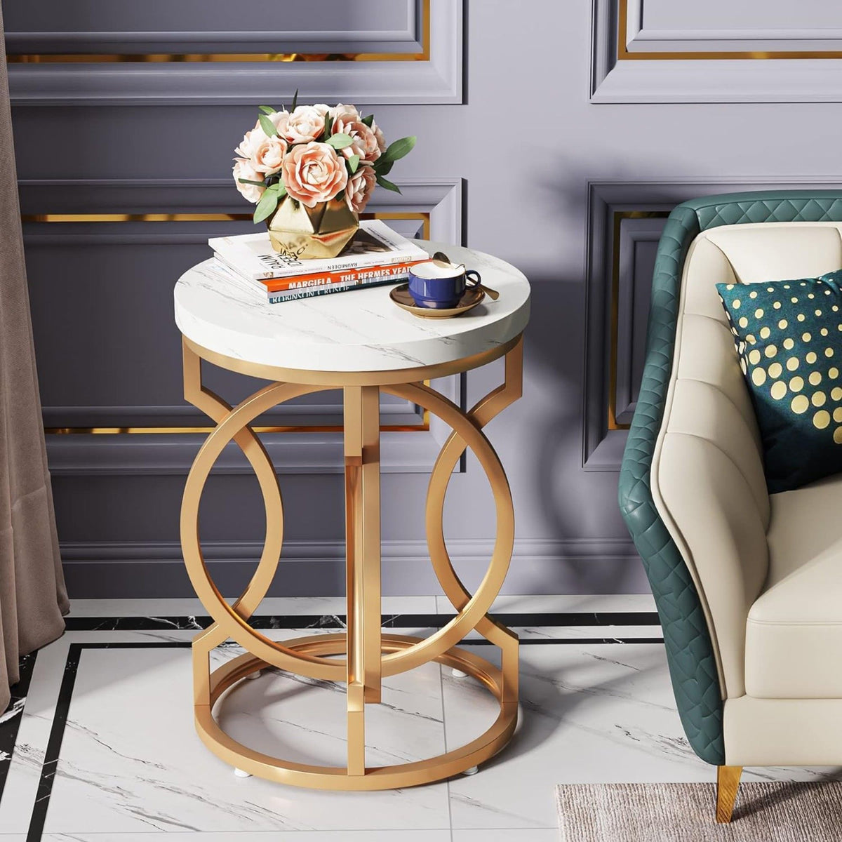 Round End Table with O-Shaped Base - White / Gold
