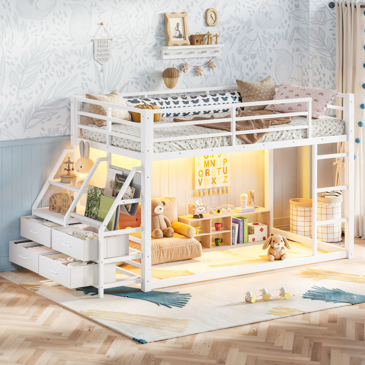 Twin Over Twin Bunk Bed with Storage Shelves and LED Lights - White