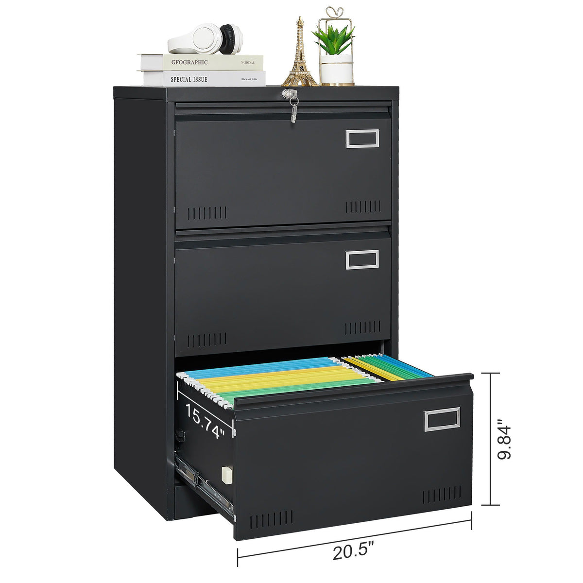 Locking Metal Filing Cabinet 3 Drawer - Multiple Sizes, Black or White