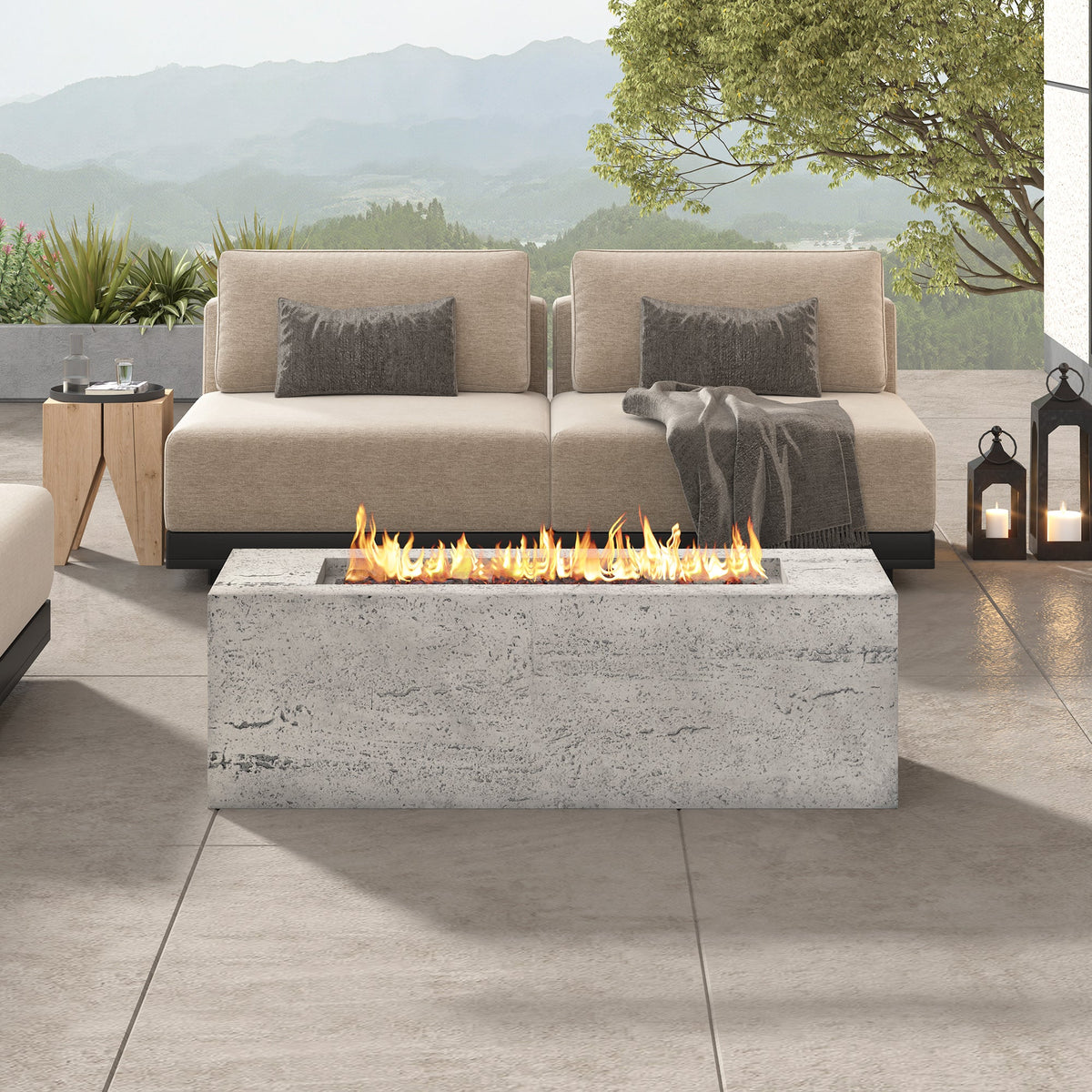 Rectangular Propane Fire Pit with Stainless Steel Burner - Beige or Gray