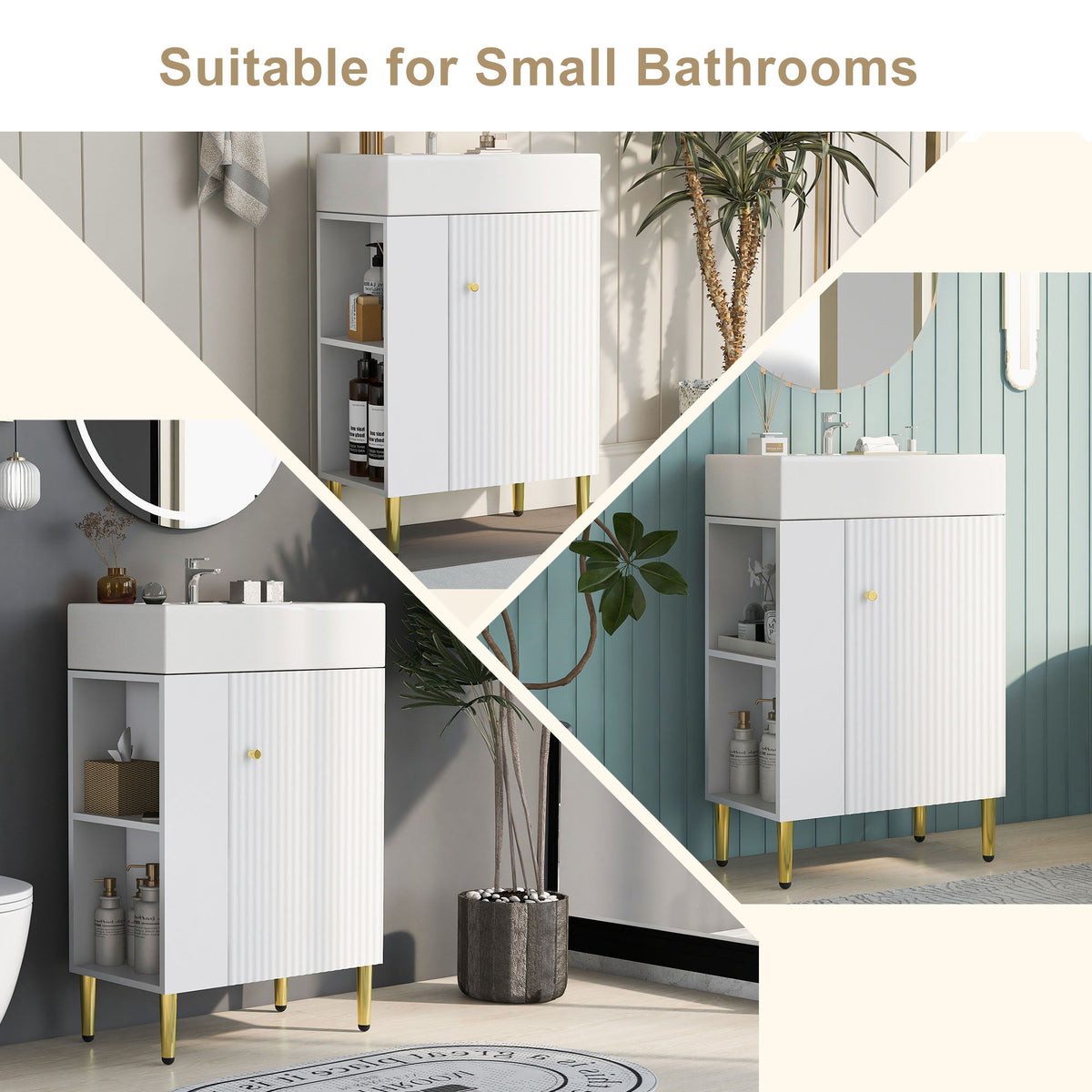 Bathroom Vanity with Single Ceramic Sink and Side Storage - Multiple Colors