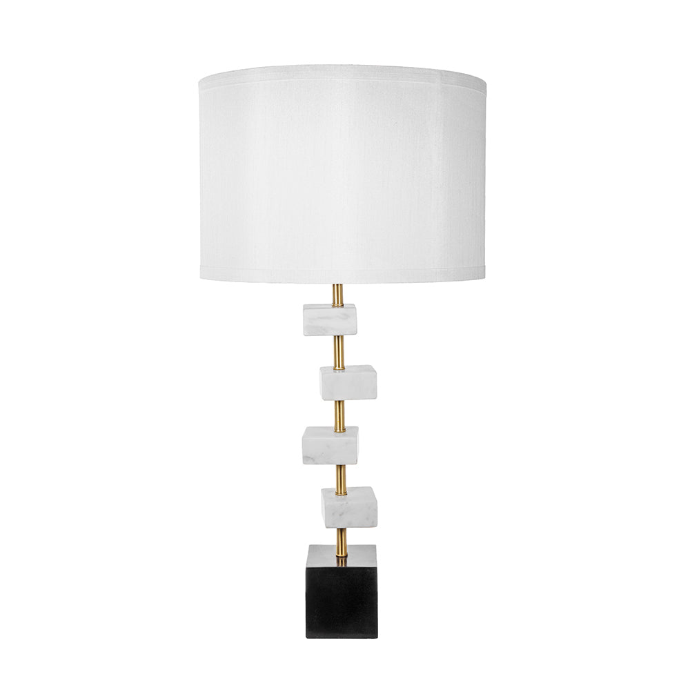 White Marble Table Lamp with Brass Frame and Fabric Shade - 15" W x 30" H