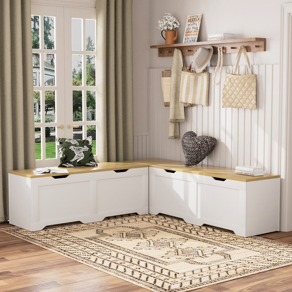 3-Piece L-Shaped Multi-Functional Storage Bench with Cushion - White/Natural