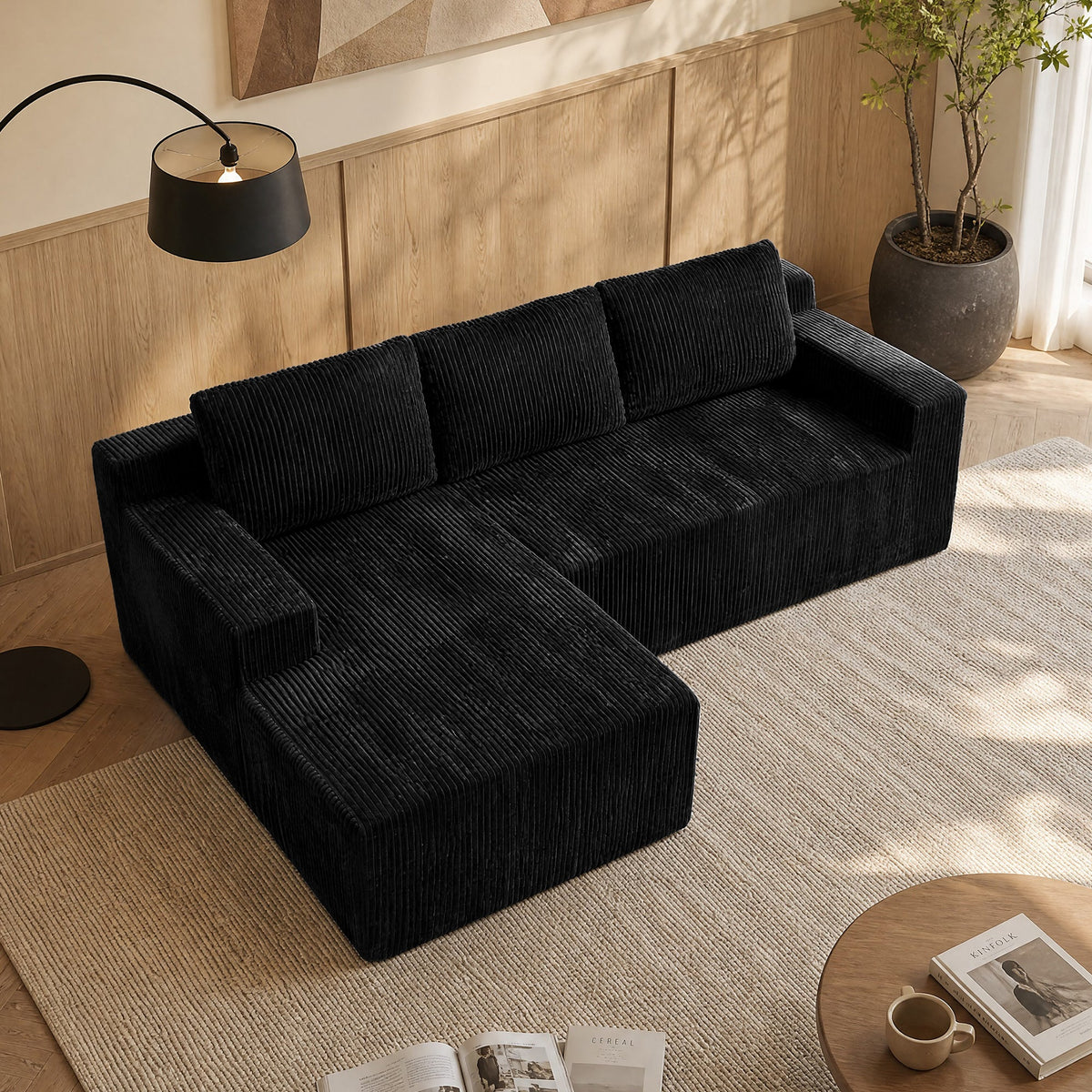 Corduroy Modular L Shaped Sectional Sofa with Plush Upholstery - Beige
