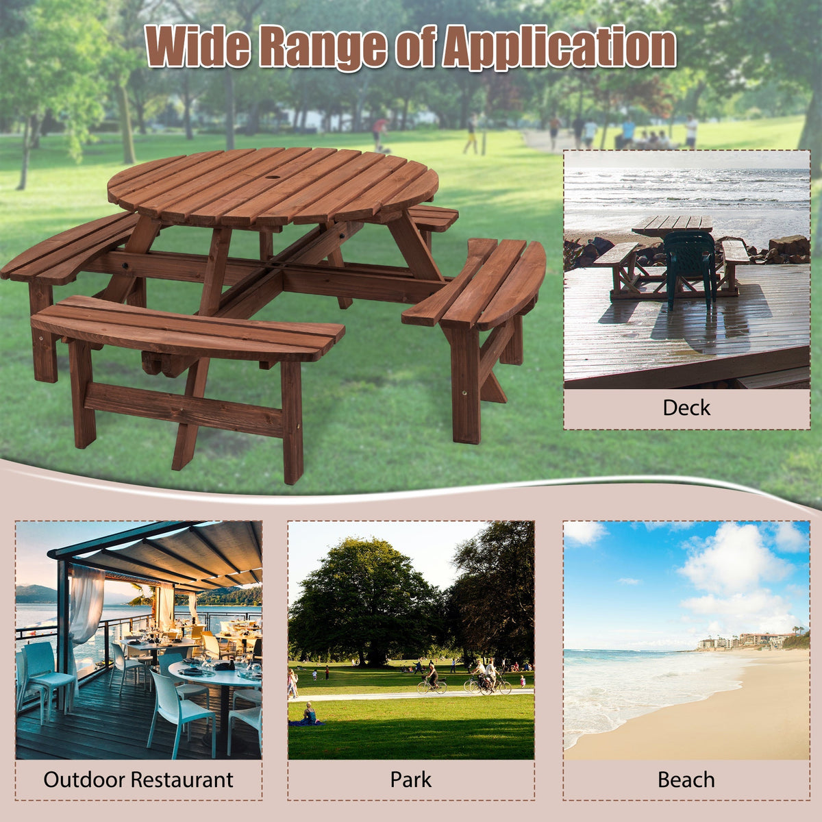 8 Person Wooden Picnic Table with Umbrella Hole - Brown