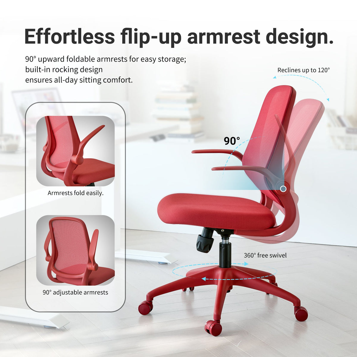 Ergonomic Office Chair with Mesh Back and Flipping Armrests - Red