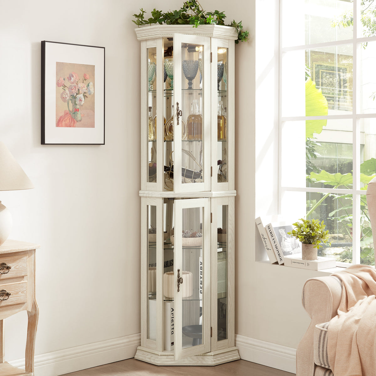 Lighted Corner Curio Cabinet with Adjustable Shelves - Tempered Glass