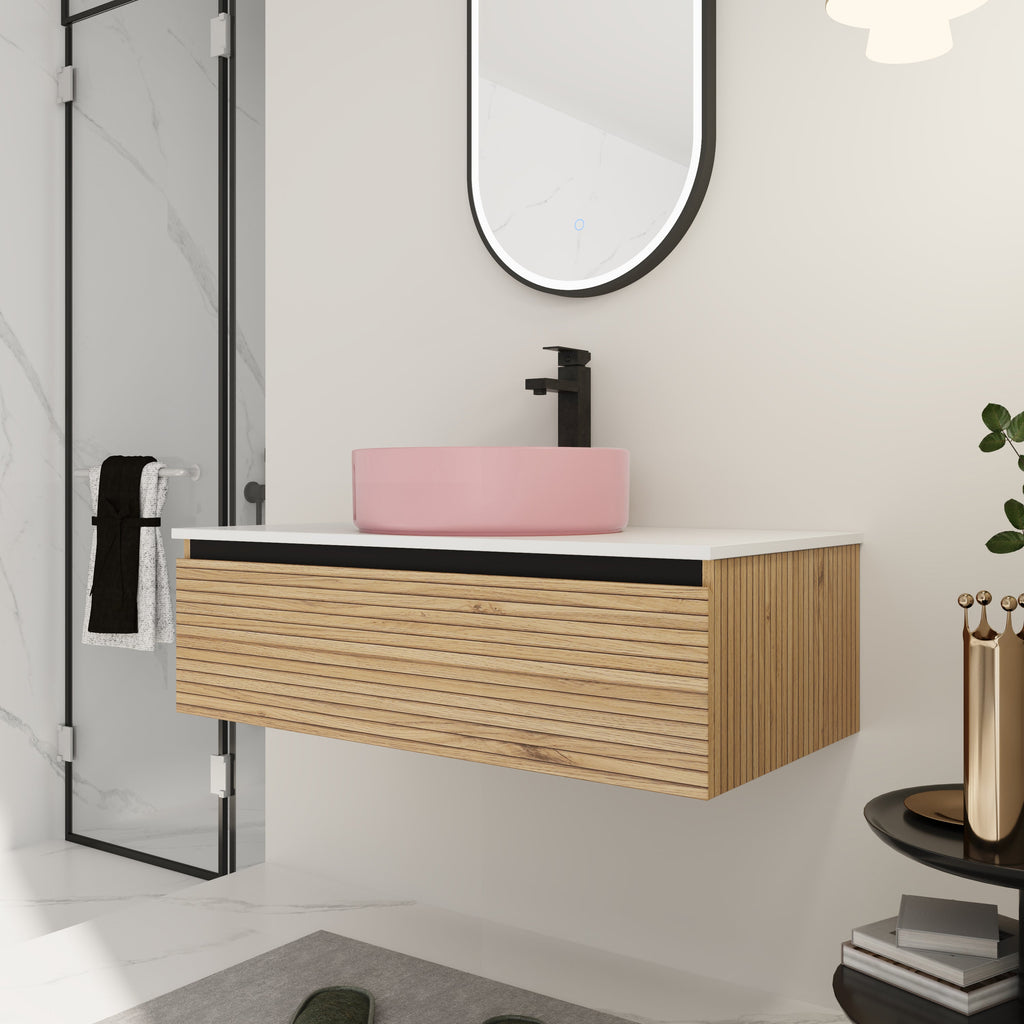36" Wall-Mounted Bathroom Vanity with Soft-Close Drawer and Ceramic Sink - Light Coffee