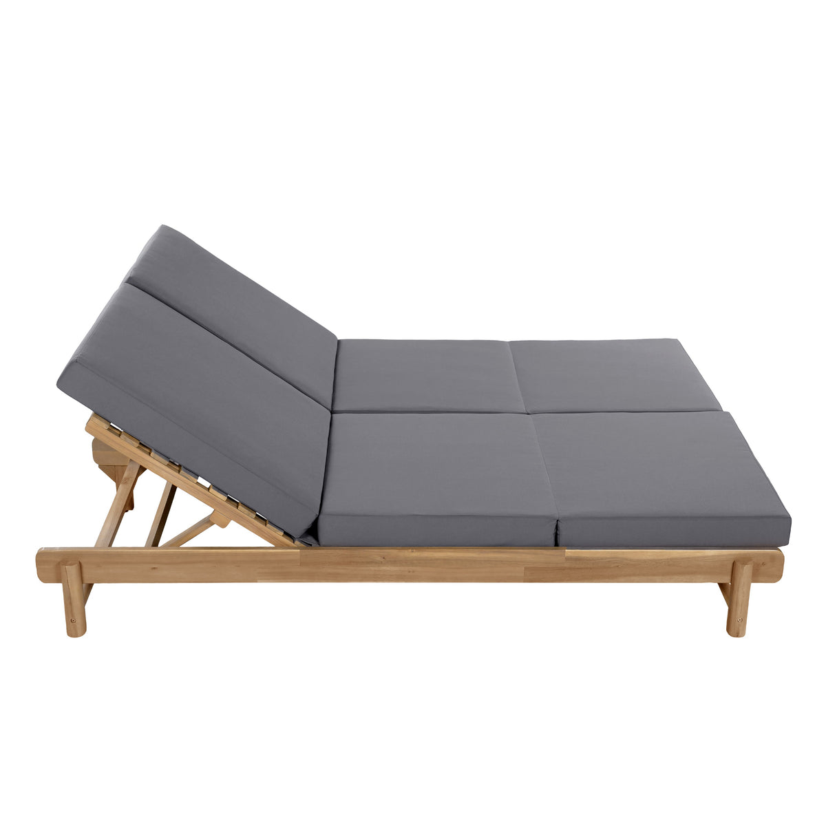 Light Teak Acacia Wood Double Chaise Lounger Set with Dark Grey Cushions - Patio Seating