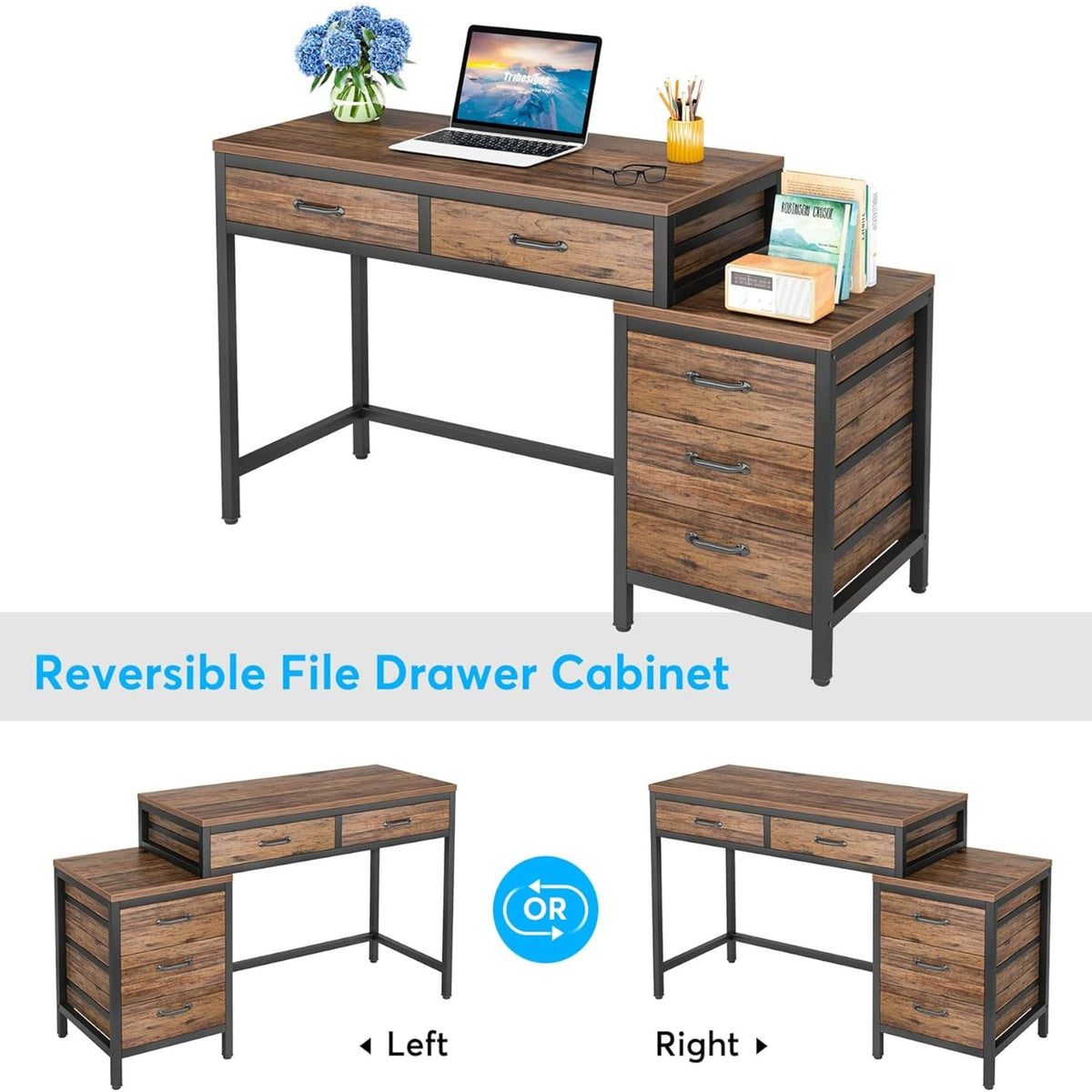 Computer Desk with Reversible 5 Drawer Storage - White or Light Brown